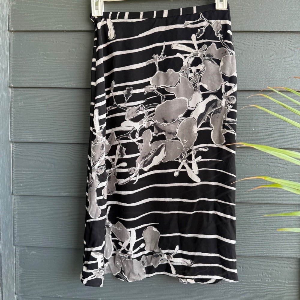Halston Heritage Silk Floral Stripe Bias Midi Skirt Black White Size 2 - Picture 3 of 9